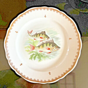 Hand Painted Fish Pattern Porcelain Dinner Plate Made In France Gold Gilt Rim